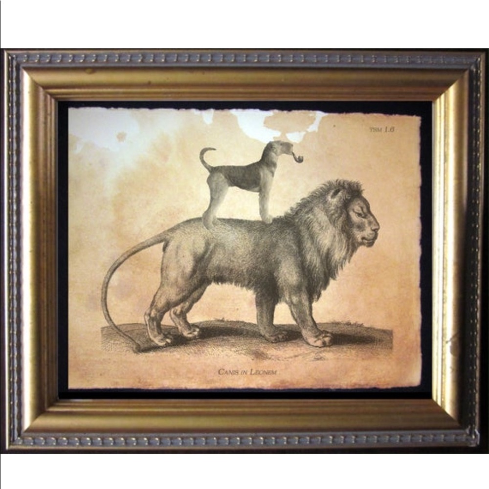 Airedale Terrier Dog Riding Lion Tea Stain Print